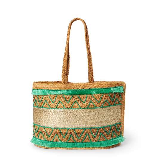 QUEEN OF HEARTS CORFU BEADED FRINGE TOTE TURQUOISE